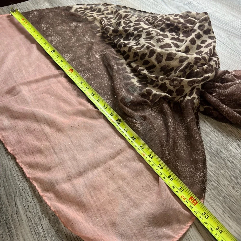Ain Khalil Scarf Womens OS Pink Brown Leopard Print Glitter Lace‎ Trim Wrap